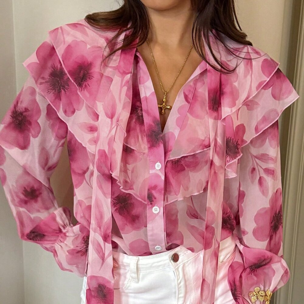 Pink Casual Women's Ruffled Floral Ruffle Trim Layered Shirt blouse